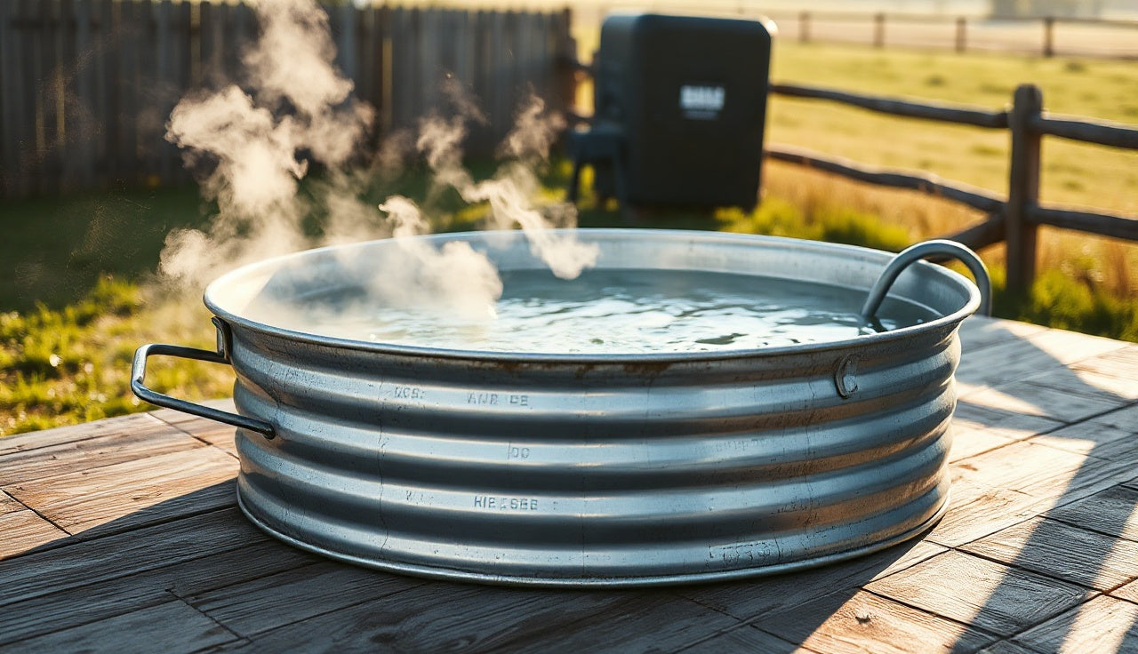 Galvanized stock tank cold plunge on a wooden deck in morning light