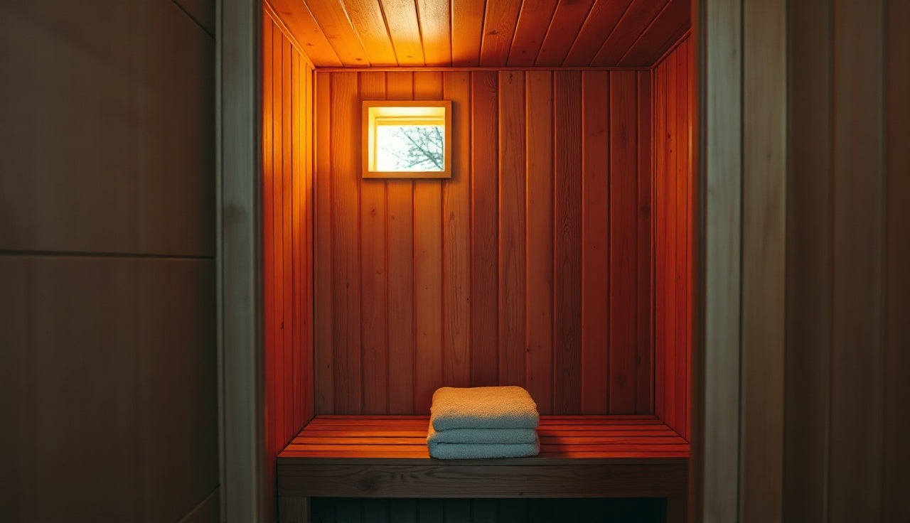 Wood-paneled infrared sauna interior with warm amber light and cedar bench