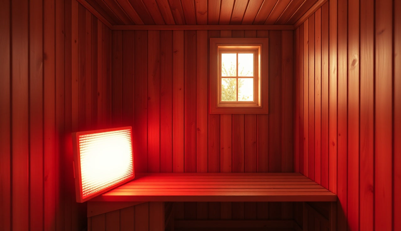 Red light therapy panel glowing next to a wooden sauna bench before a session