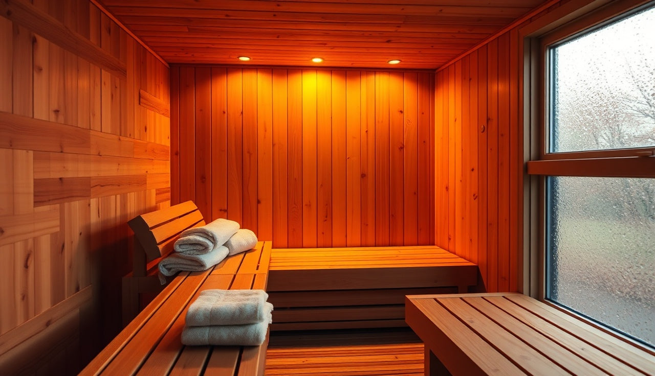 Warm interior of a home infrared sauna with wooden benches and soft ambient light