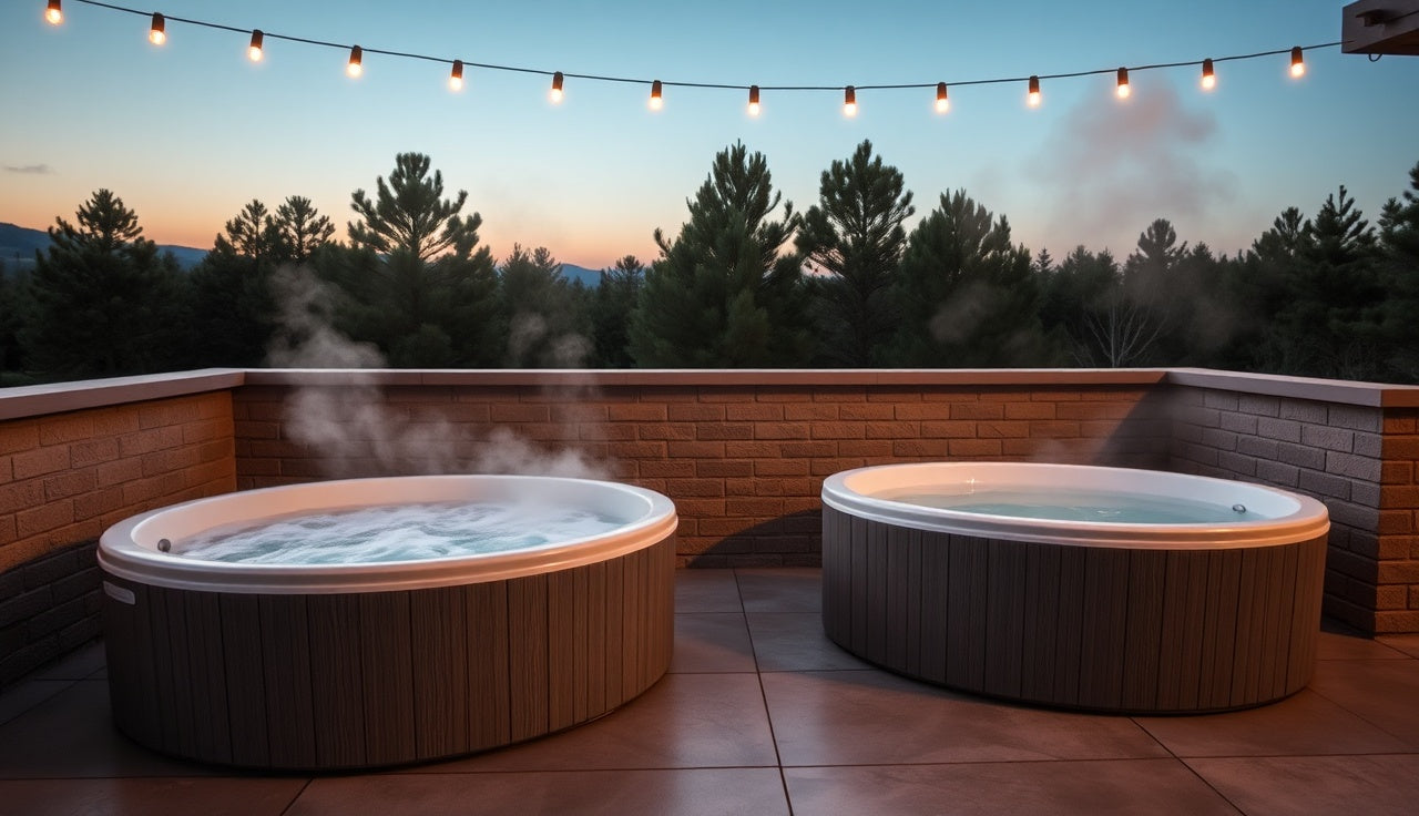 Outdoor cold plunge and hot tub combo side by side on concrete patio at dusk