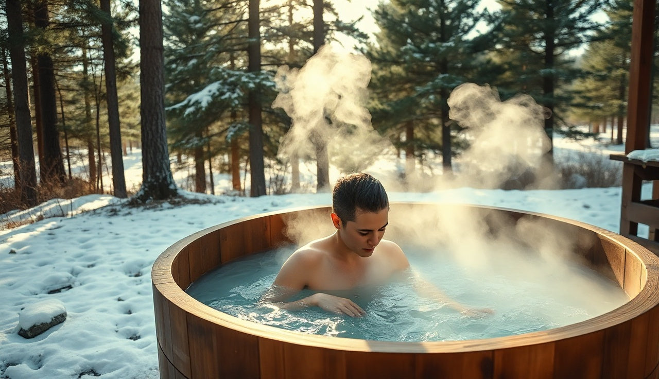Person stepping into outdoor wooden cold plunge tub on a cold morning