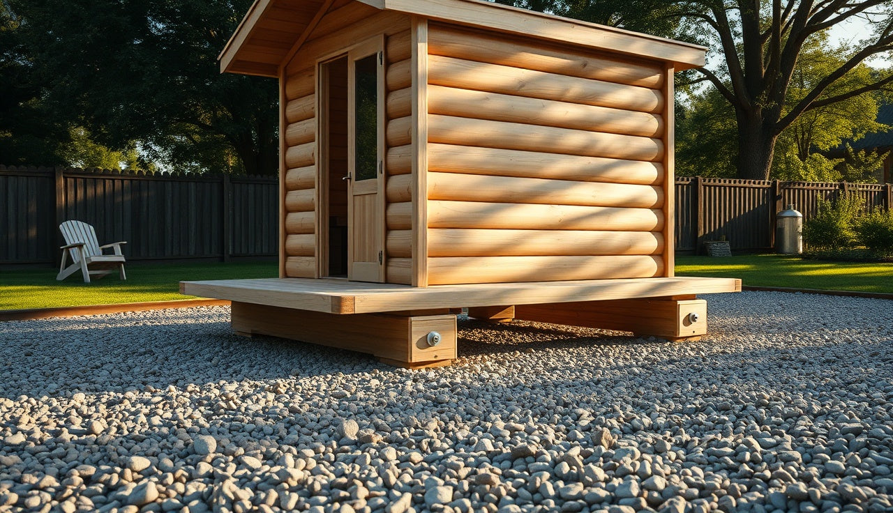 Outdoor cabin sauna resting on pressure-treated skid runners anchored to a compacted gravel bed