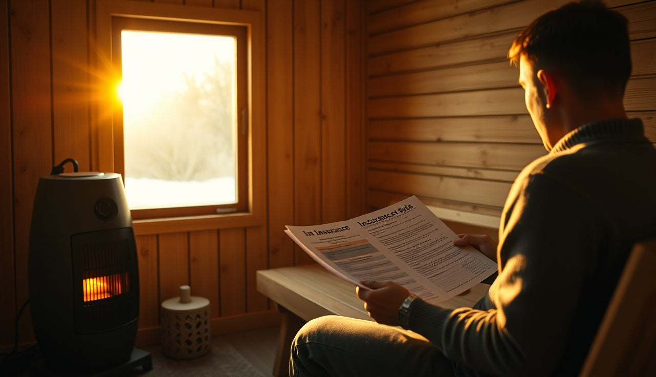 Homeowner reviewing insurance paperwork inside a cedar home sauna