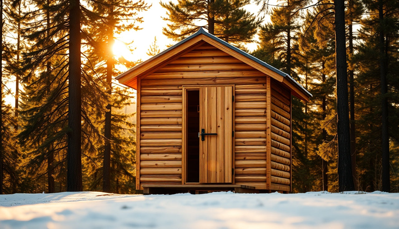 Cedar outdoor sauna cabin with corrugated metal roof in a pine forest