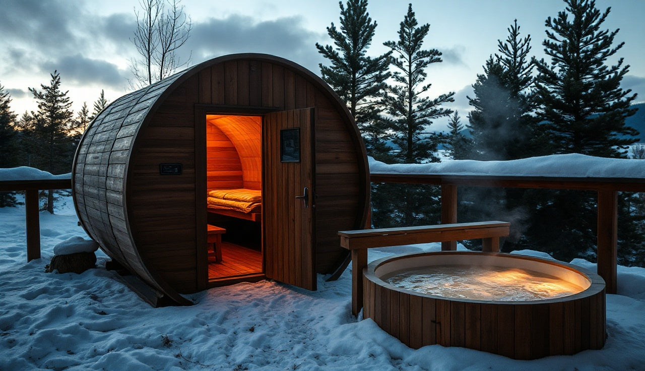 Wooden barrel sauna beside a cold plunge tub on a snowy deck at dawn