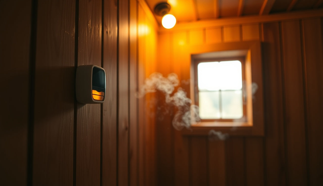 Industrial CO detector mounted on pine wood wall inside a steam-filled sauna room