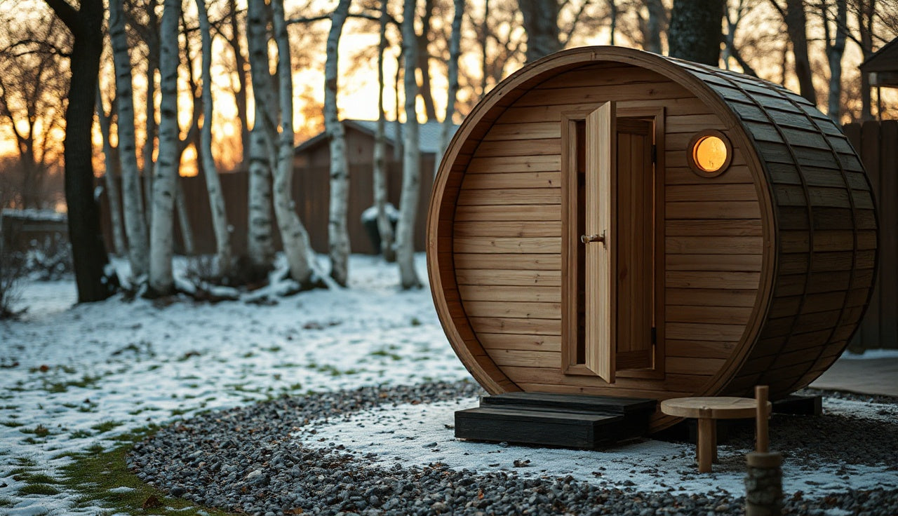 Round cedar barrel sauna on a gravel pad in a snowy backyard at dusk