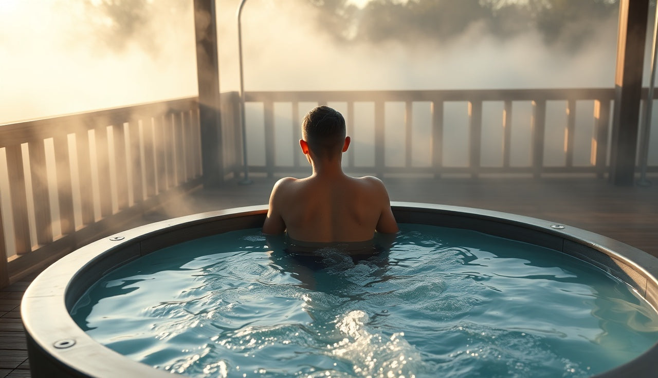 Person sitting in an outdoor cold plunge tub on a wooden deck in morning light