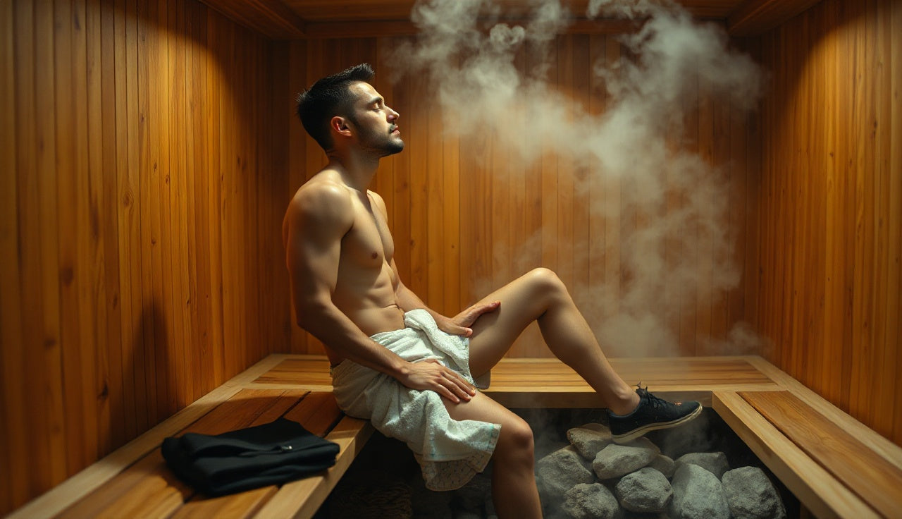Man relaxing in a dry Finnish sauna after a gym workout session