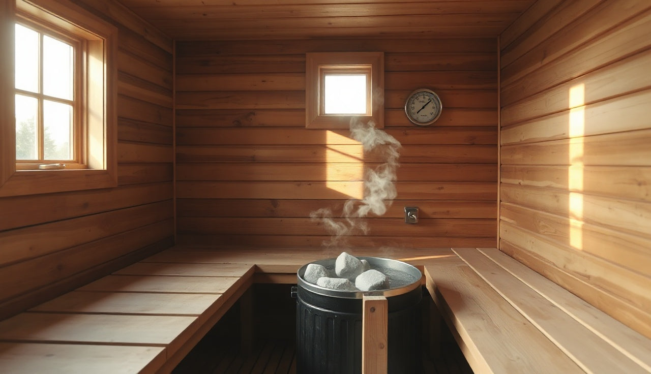 Steam rising from sauna rocks inside a hot wooden traditional sauna