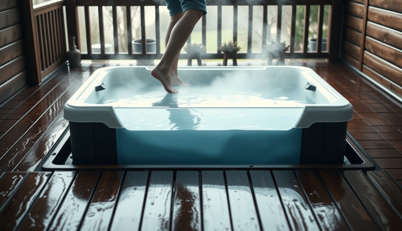 Person about to enter an insulated cold plunge tub on a wooden patio at dawn