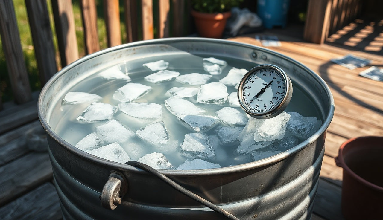 Galvanized stock tank ice bath with floating ice and thermometer on wooden deck