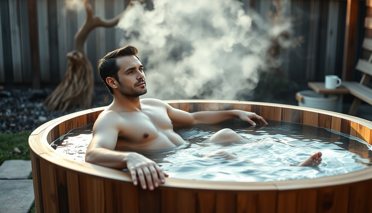 Person sitting calmly in a cold plunge tub outdoors in early morning light