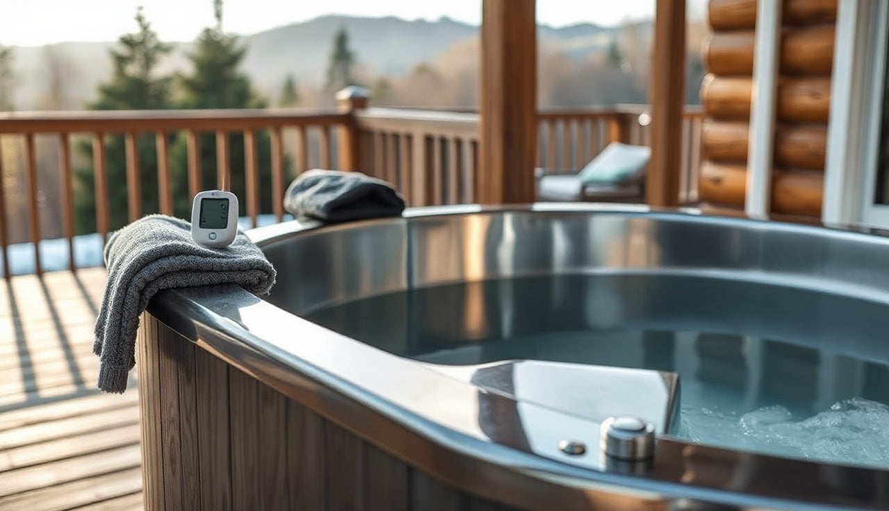 Cold plunge tub with thermometer, timer, and robe arranged on a cedar deck