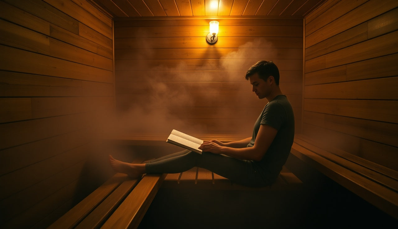 Person writing session notes in a sauna notebook under warm amber light