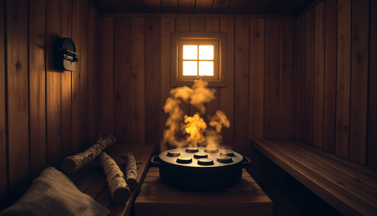 Steam rising from sauna stones inside a wood-paneled Finnish sauna