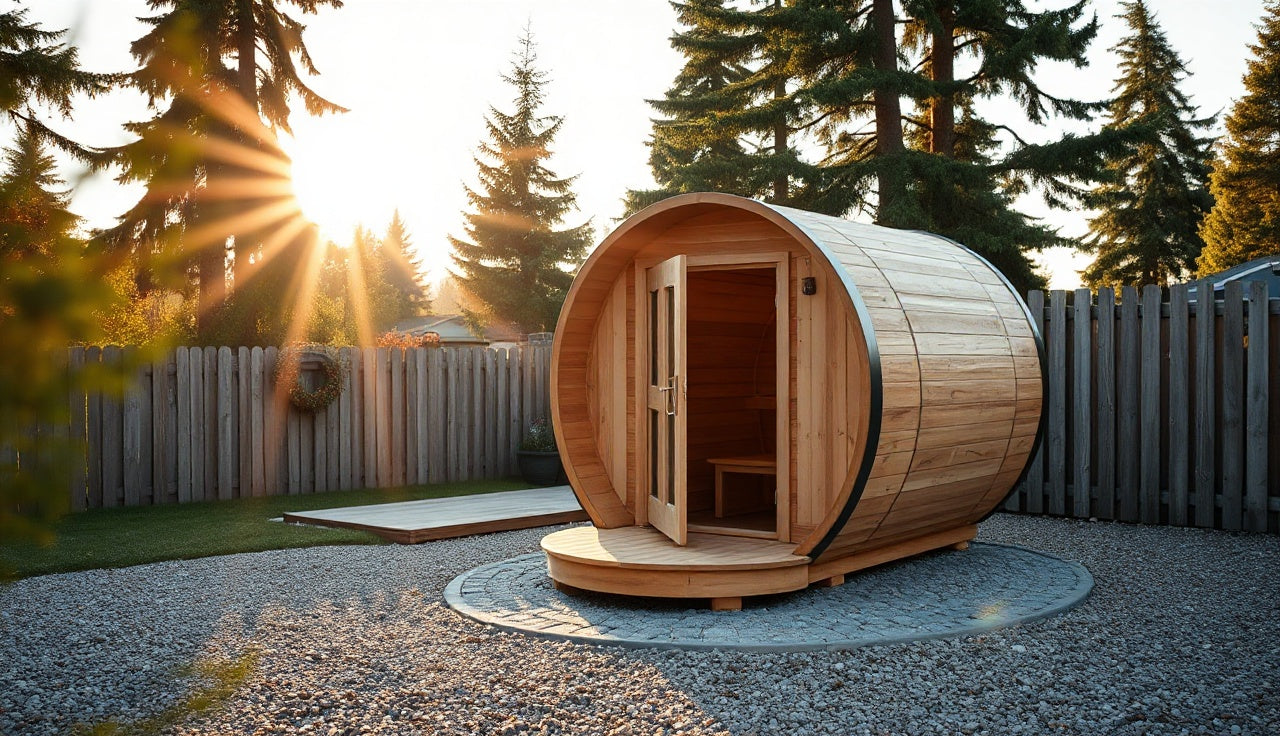 Cedar barrel sauna on gravel pad in forested backyard, door open with steam visible
