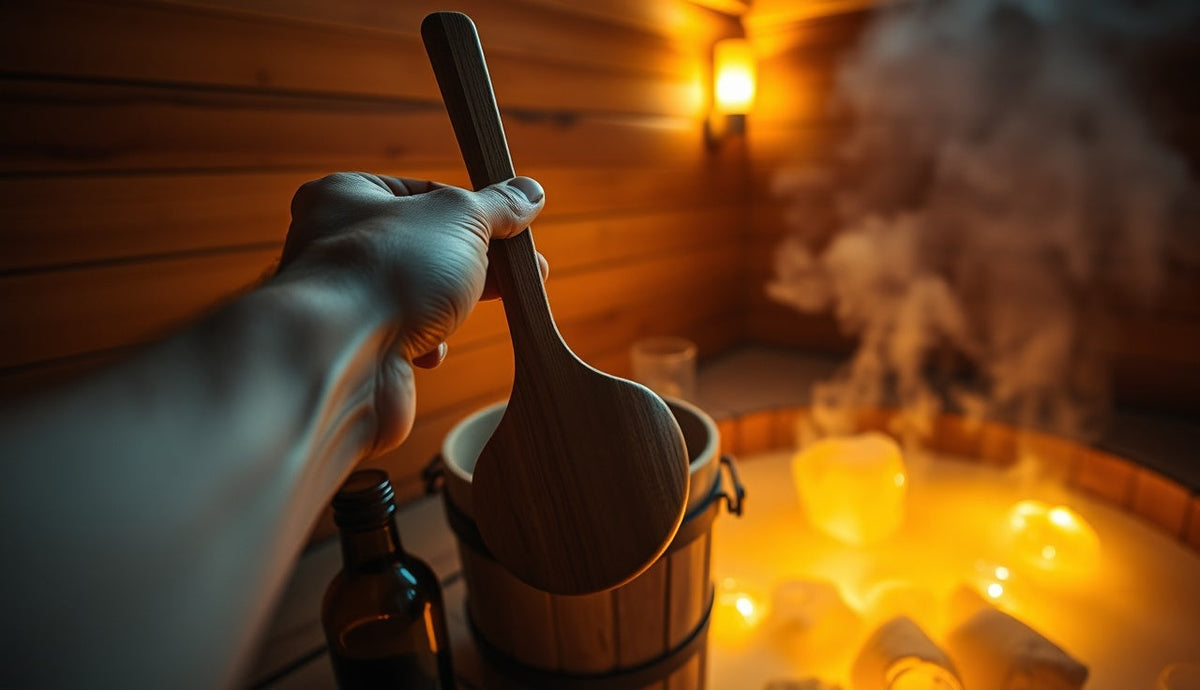 Wooden sauna ladle above heater stones with a small oil bottle beside the bucket