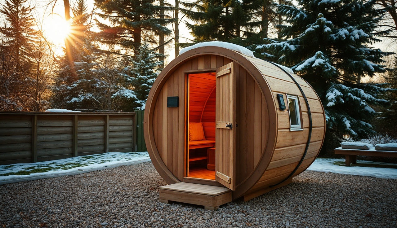 Small cedar barrel sauna with glowing interior on snowy backyard gravel pad