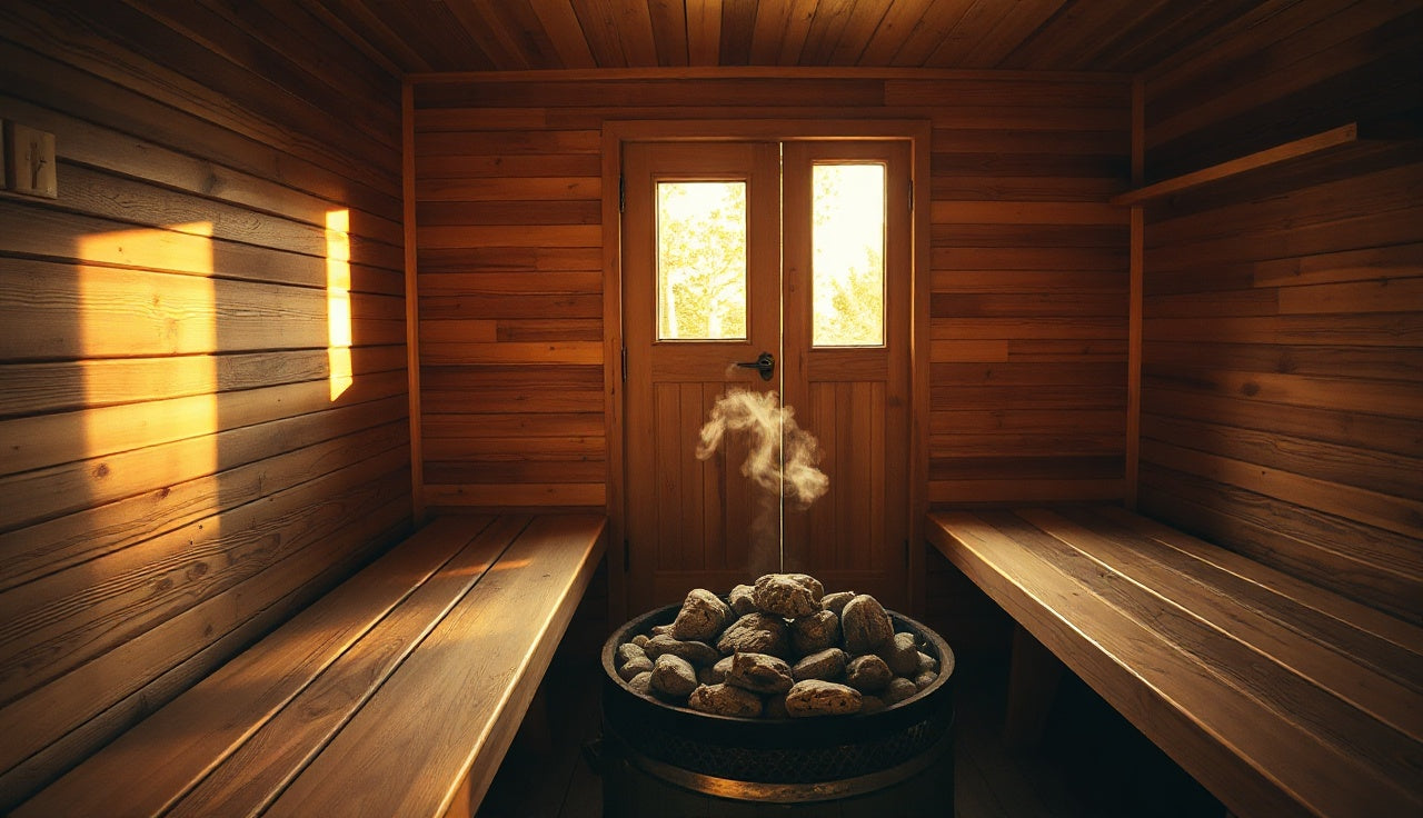 Cedar barrel sauna interior with wooden benches and hot rocks on a traditional kiuas heater