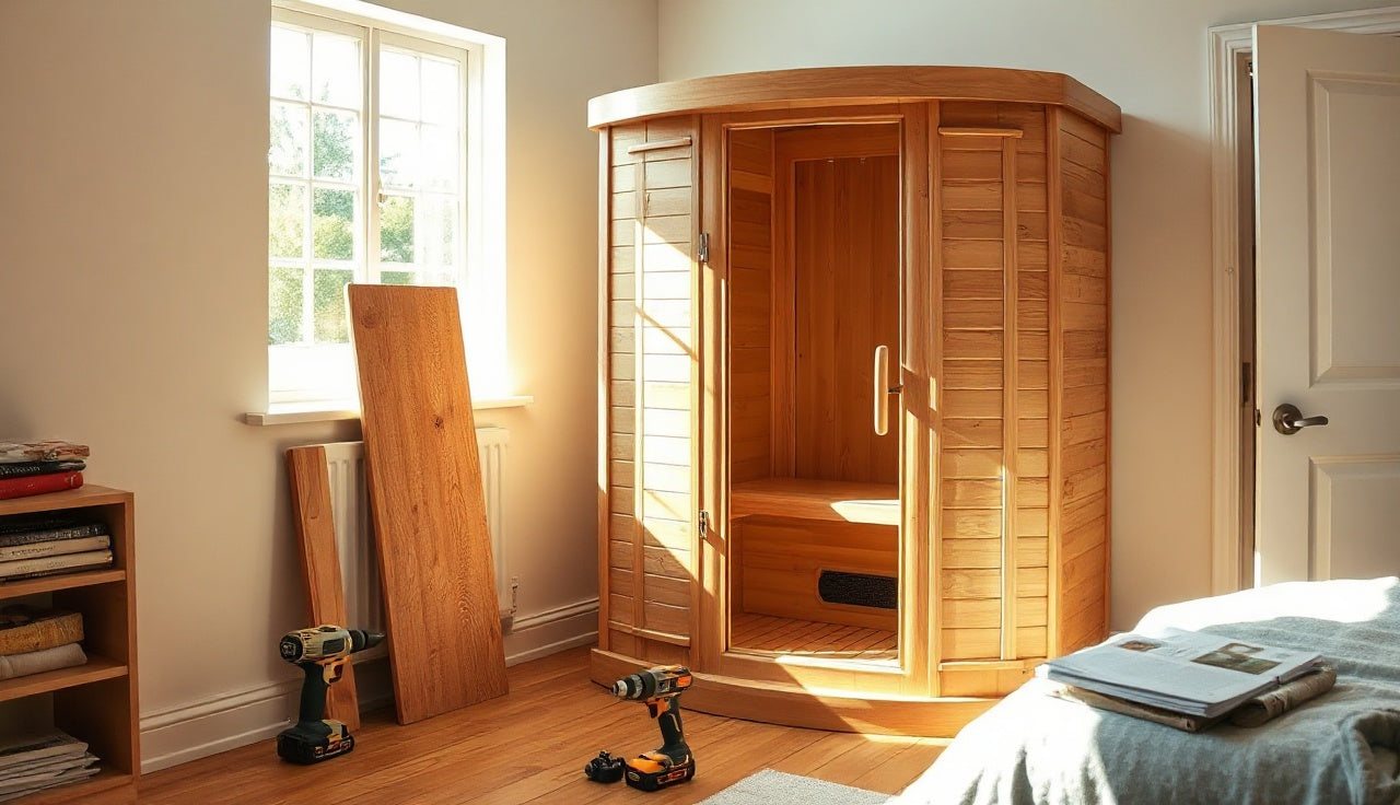 Partially assembled cedar infrared sauna panels in a sunlit spare bedroom during installation
