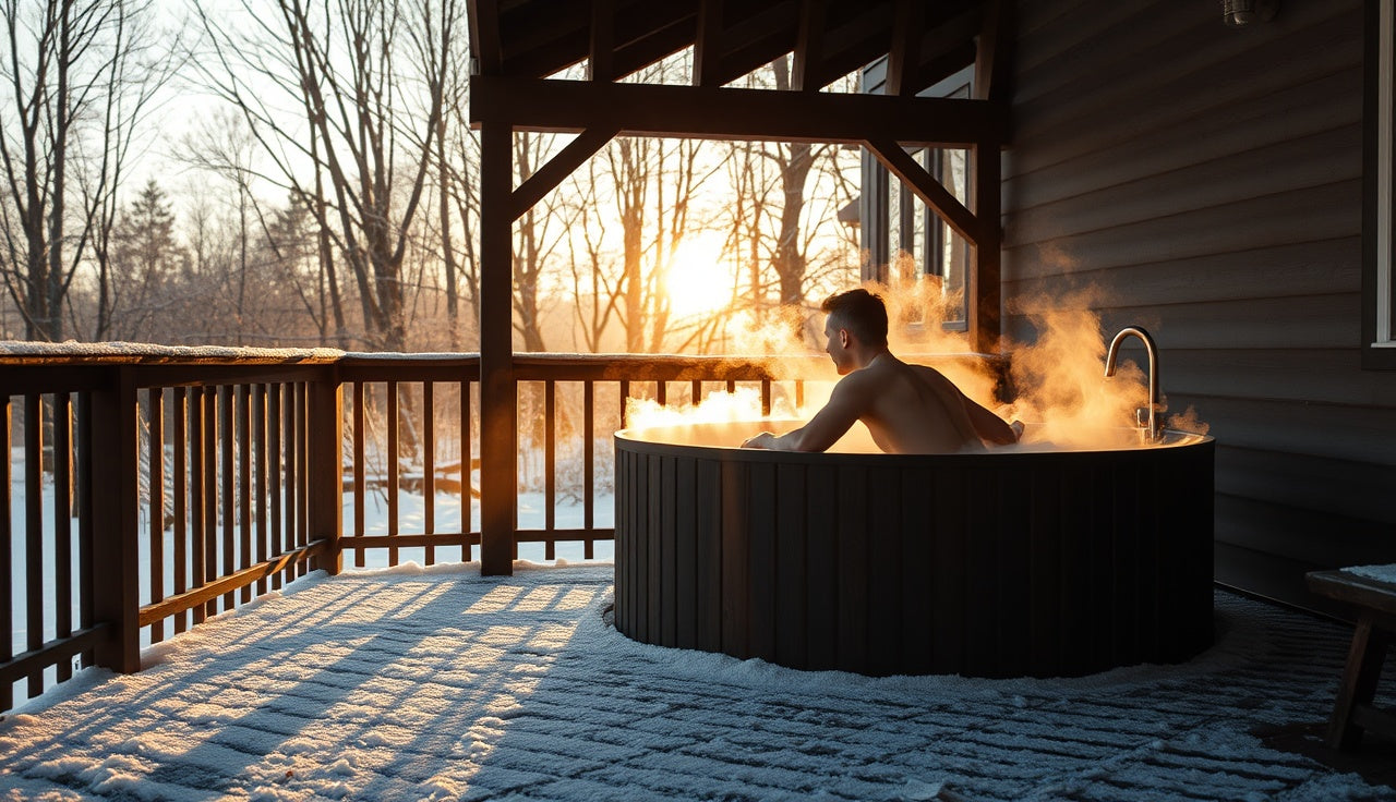 Person emerging from outdoor cold plunge tub at dawn with steam rising from skin