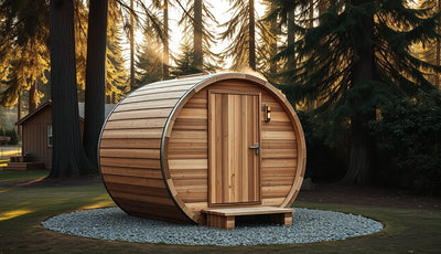 Cedar barrel sauna on gravel pad in a wooded backyard at dusk