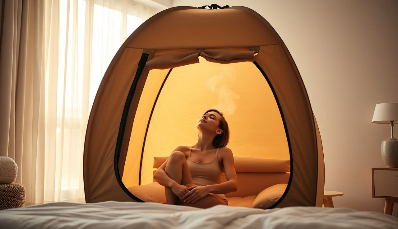 Person seated inside a portable infrared tent sauna with head outside enclosure in a sunlit bedroom