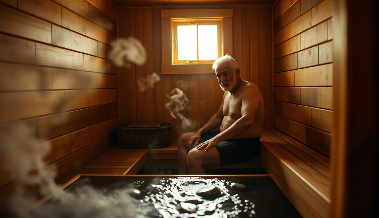 Middle-aged man relaxing in a wooden Finnish sauna with steam rising from hot stones