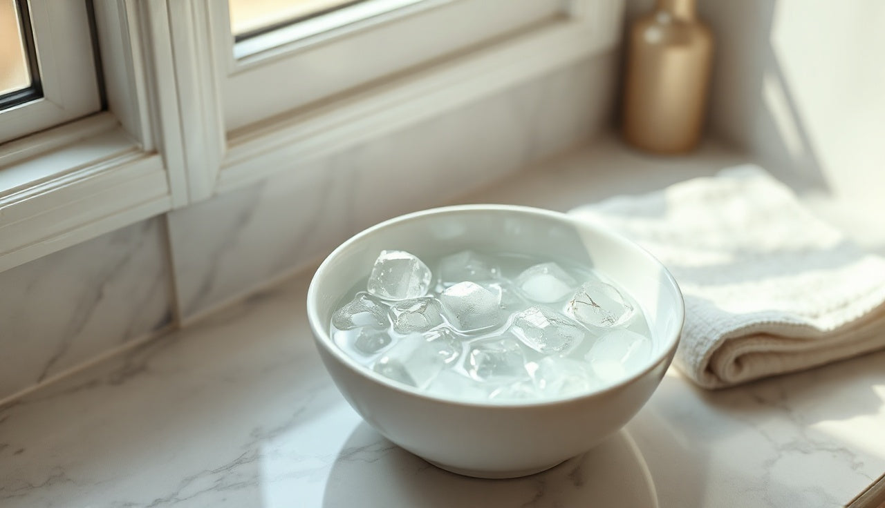 Bowl of ice water on a marble countertop ready for a face ice bath