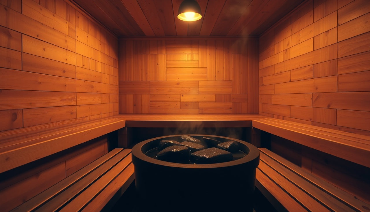 Warm wooden sauna interior with steam rising from hot stones on iron stove