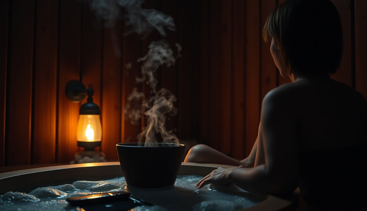 Person in a traditional Finnish sauna pouring water over hot rocks triggering steam