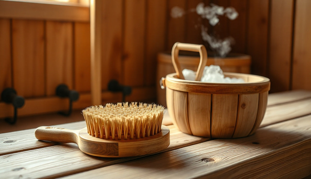 Natural bristle brush and steam bucket on pale aspen sauna bench ready for cleaning