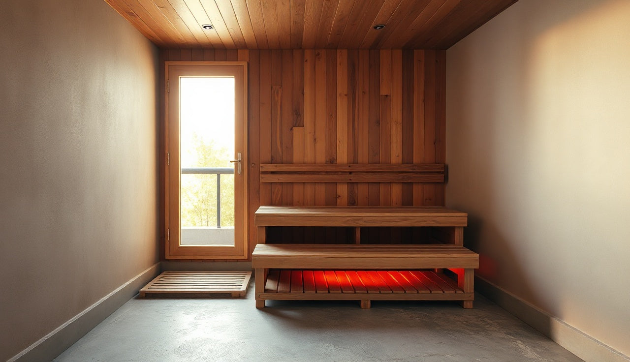 Interior of a cedar infrared home sauna with warm glowing heater panels