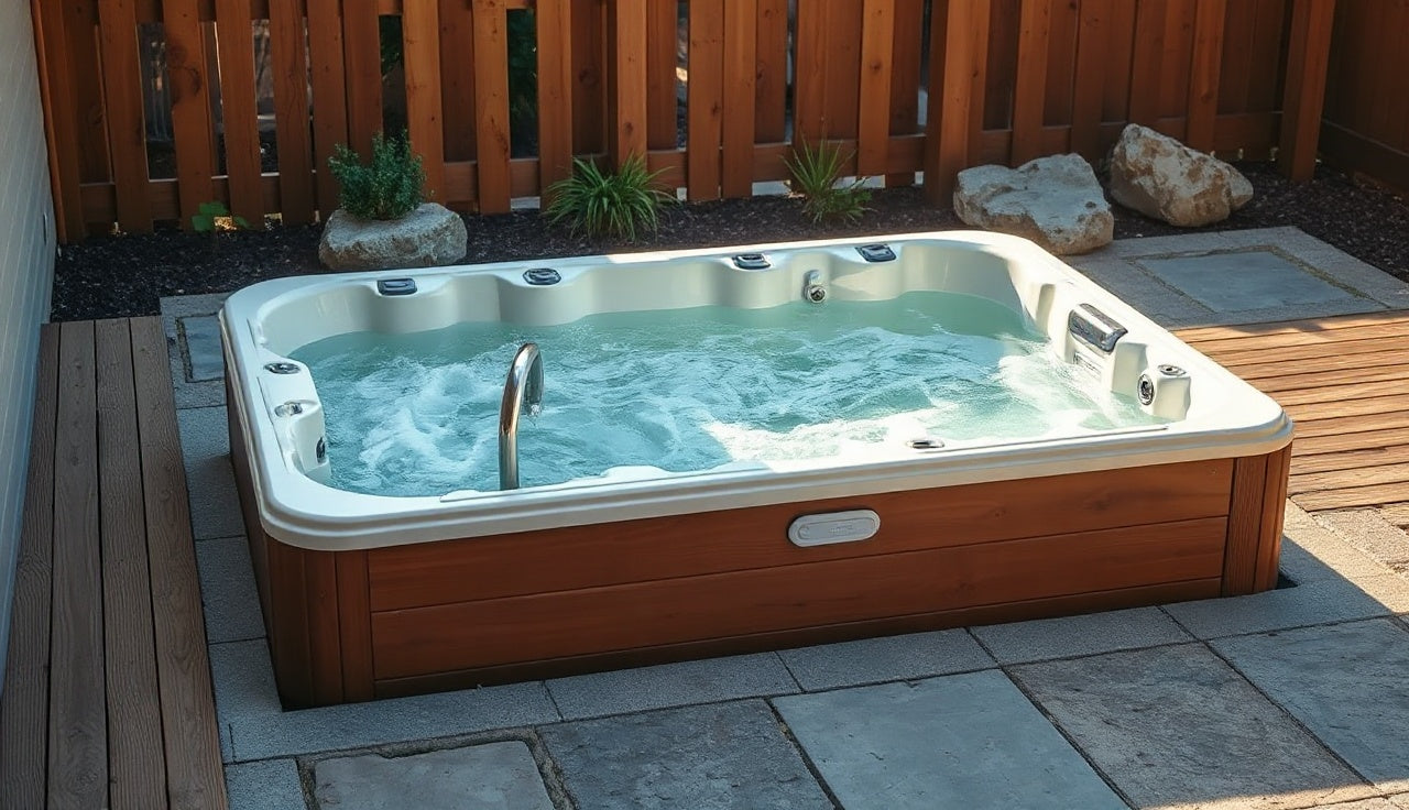 Above ground cold plunge tub on a wooden deck beside natural stone pavers