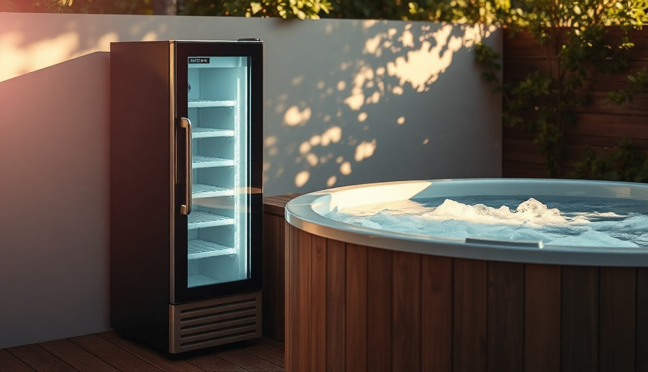 Vertical cold chiller unit next to a cold plunge tub on an outdoor patio