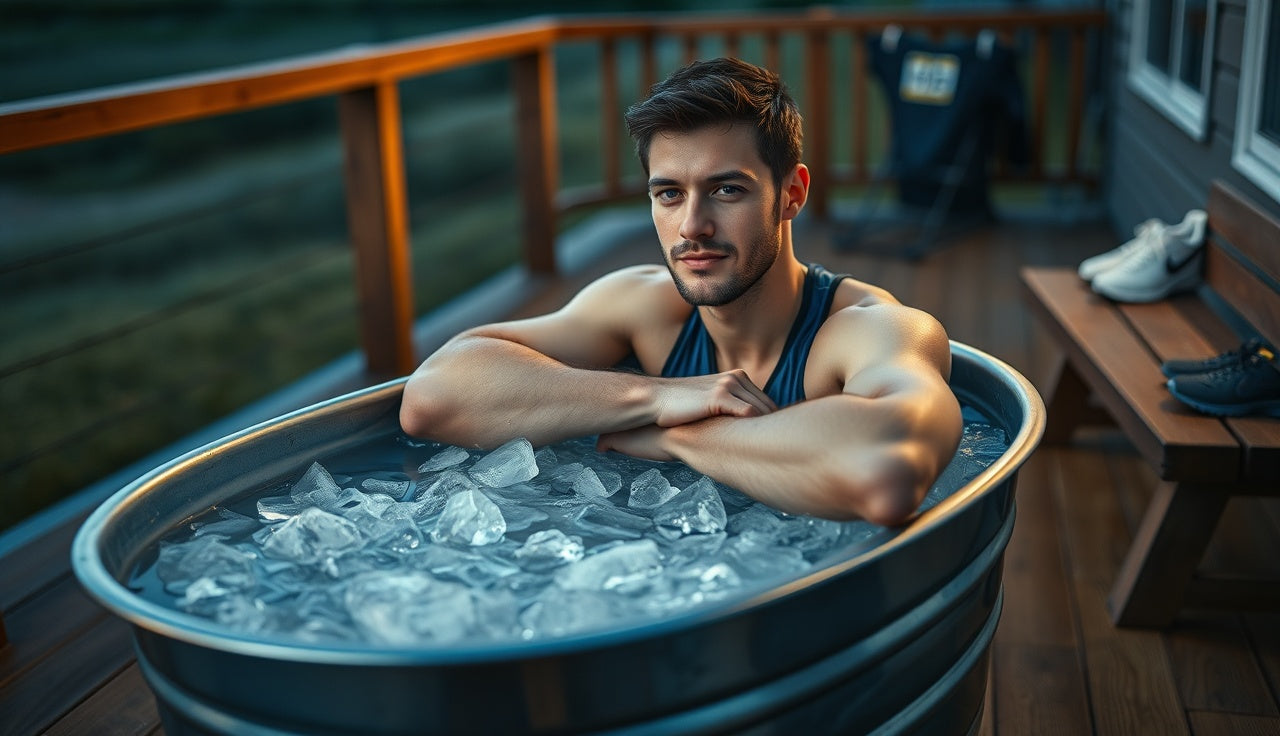 Athlete sitting in outdoor ice bath tub the evening before a race