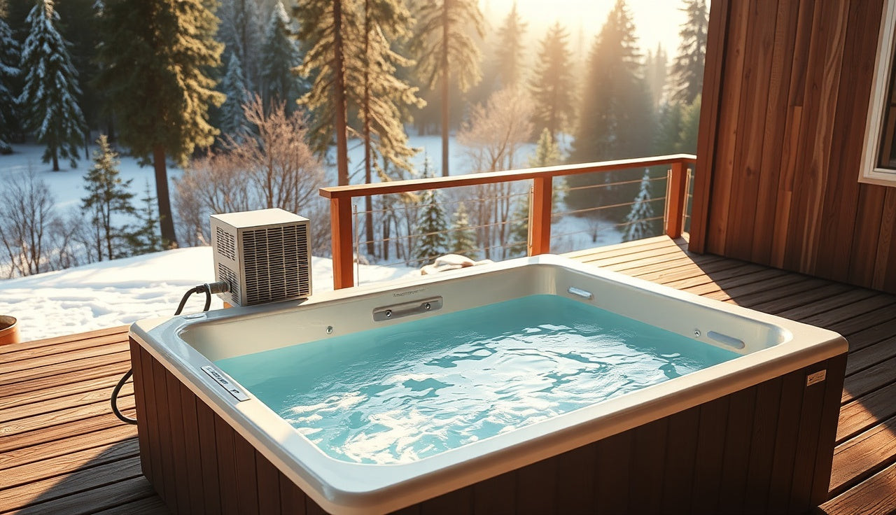 Cold plunge tub with chiller unit on a wood deck in morning light