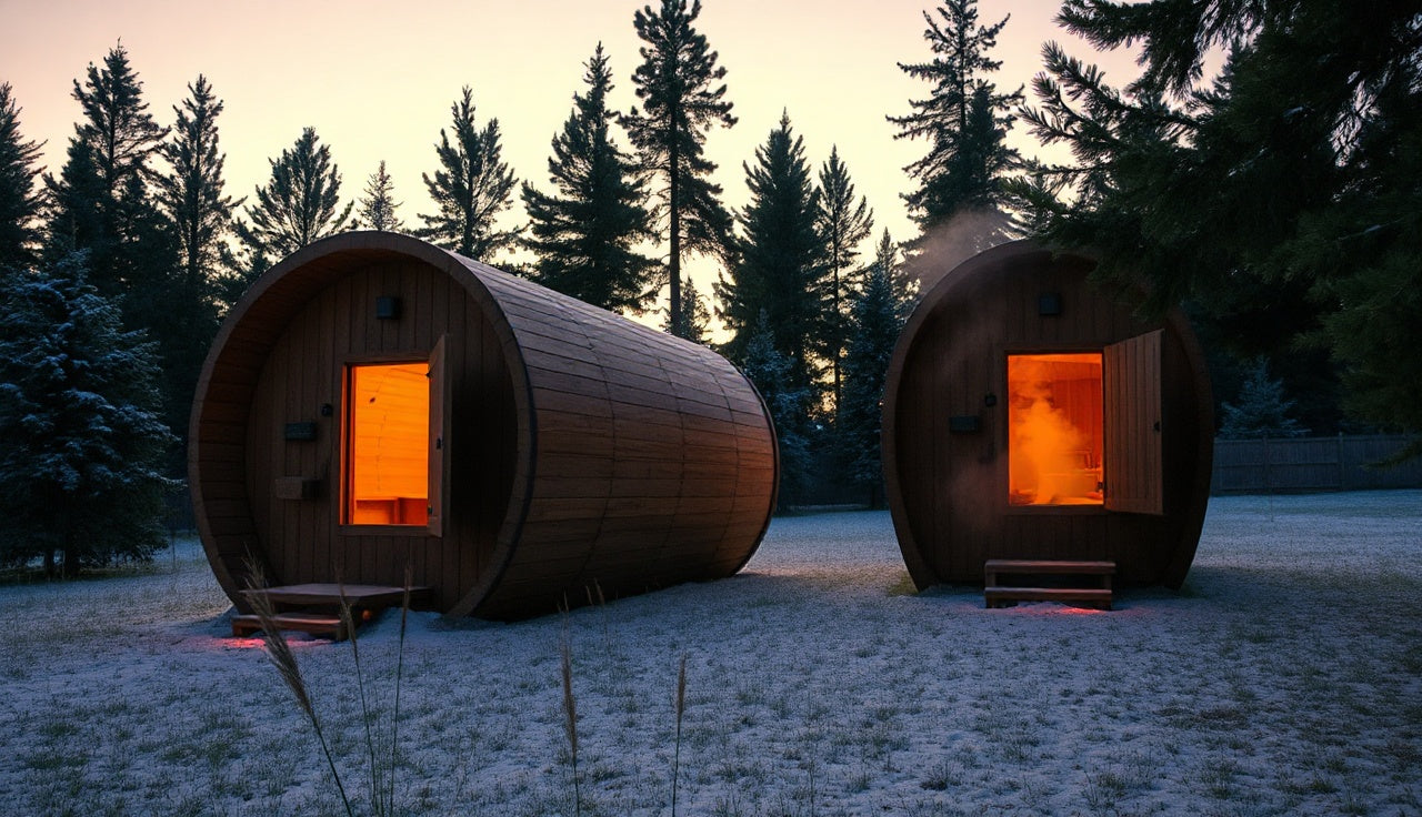 Cedar barrel sauna glowing in a snowy backyard at dusk with steam rising
