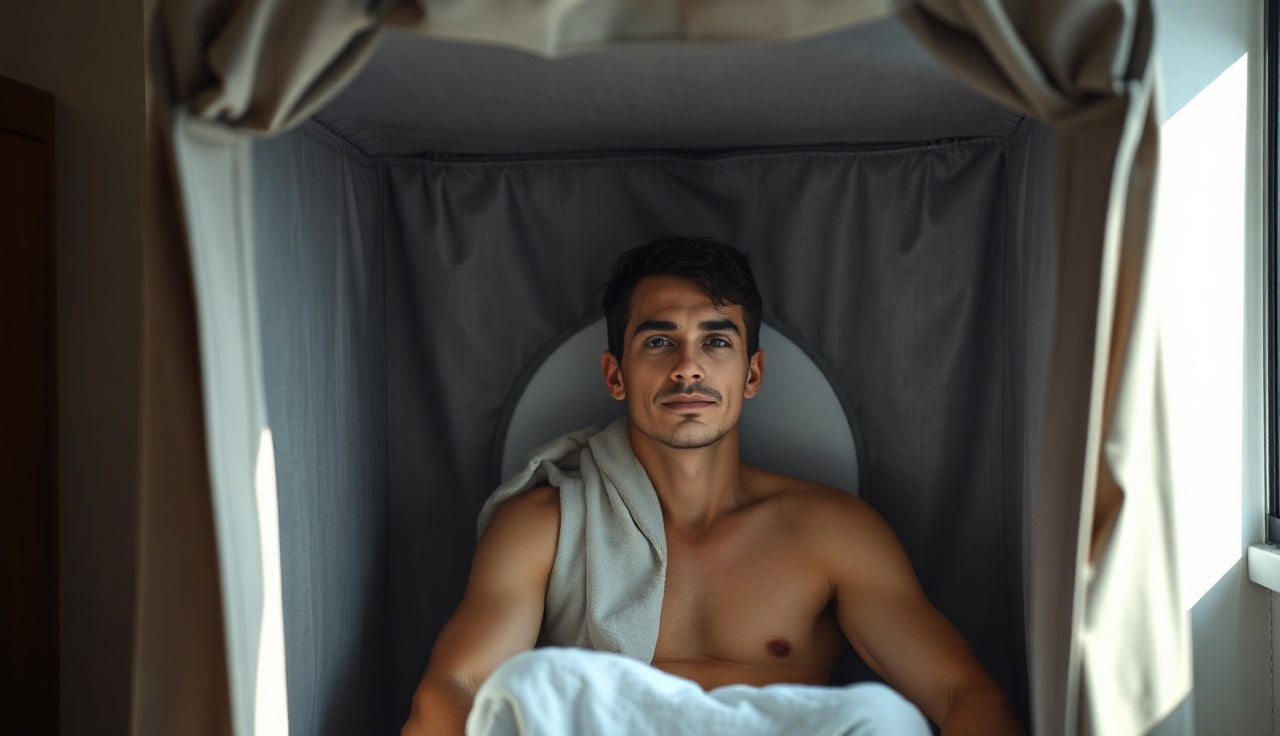 Person using a portable steam sauna tent in a bright bathroom