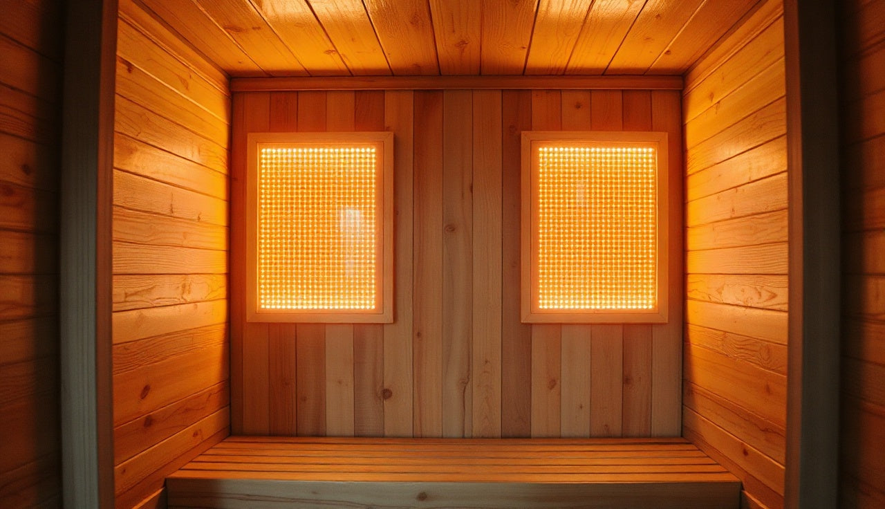 Two infrared heater panels mounted on opposite cedar walls inside a home sauna