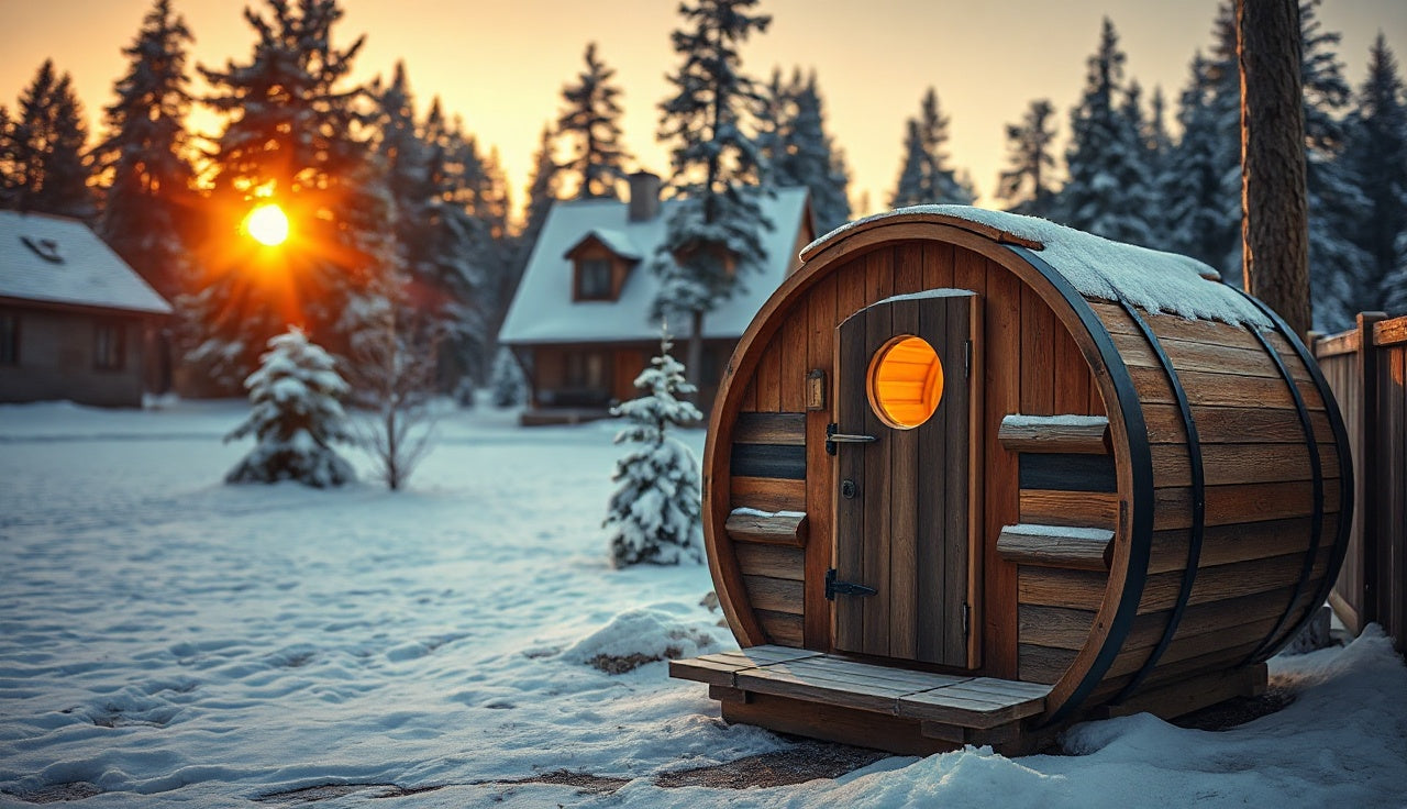 Cedar barrel sauna glowing with warm interior light in a snowy backyard at dusk