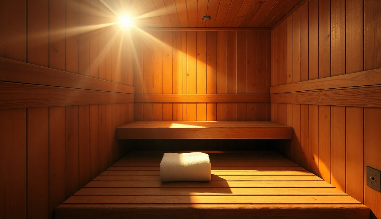 Warm cedar infrared sauna interior with folded towel on bench and soft amber light