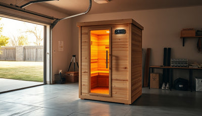 Portable infrared sauna cabinet glowing warm amber in a home garage at 180 degrees
