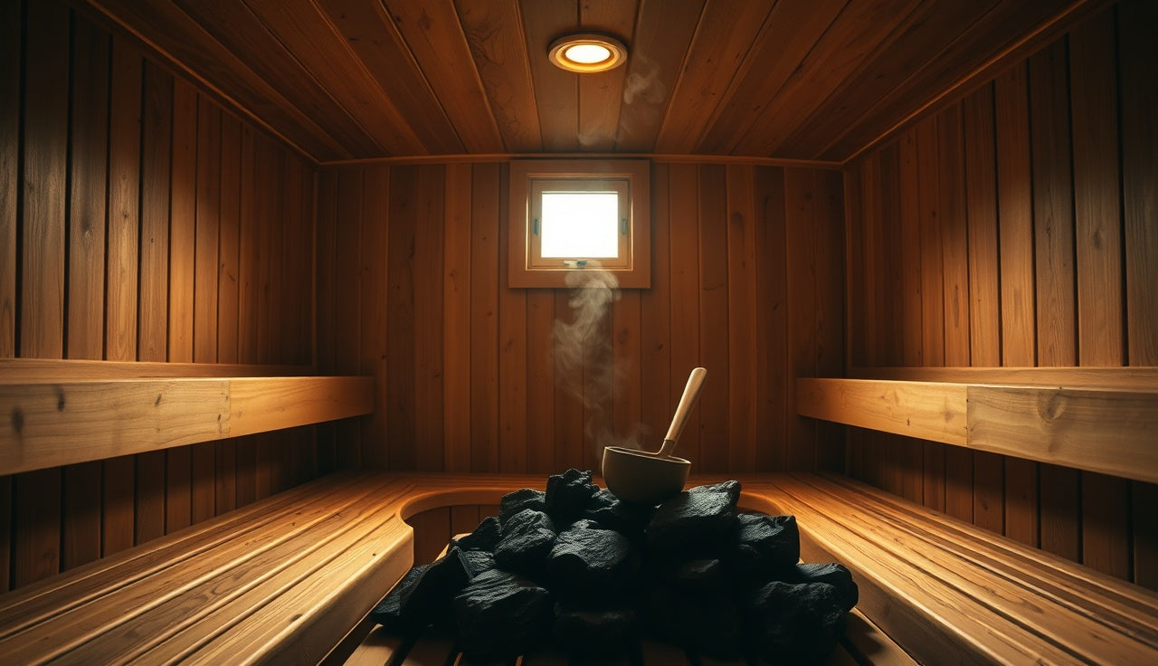 Cedar sauna interior with hot rocks and ladle, steam rising gently