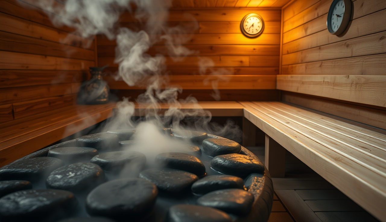 Steam rising from hot sauna stones inside a traditional Finnish wood sauna