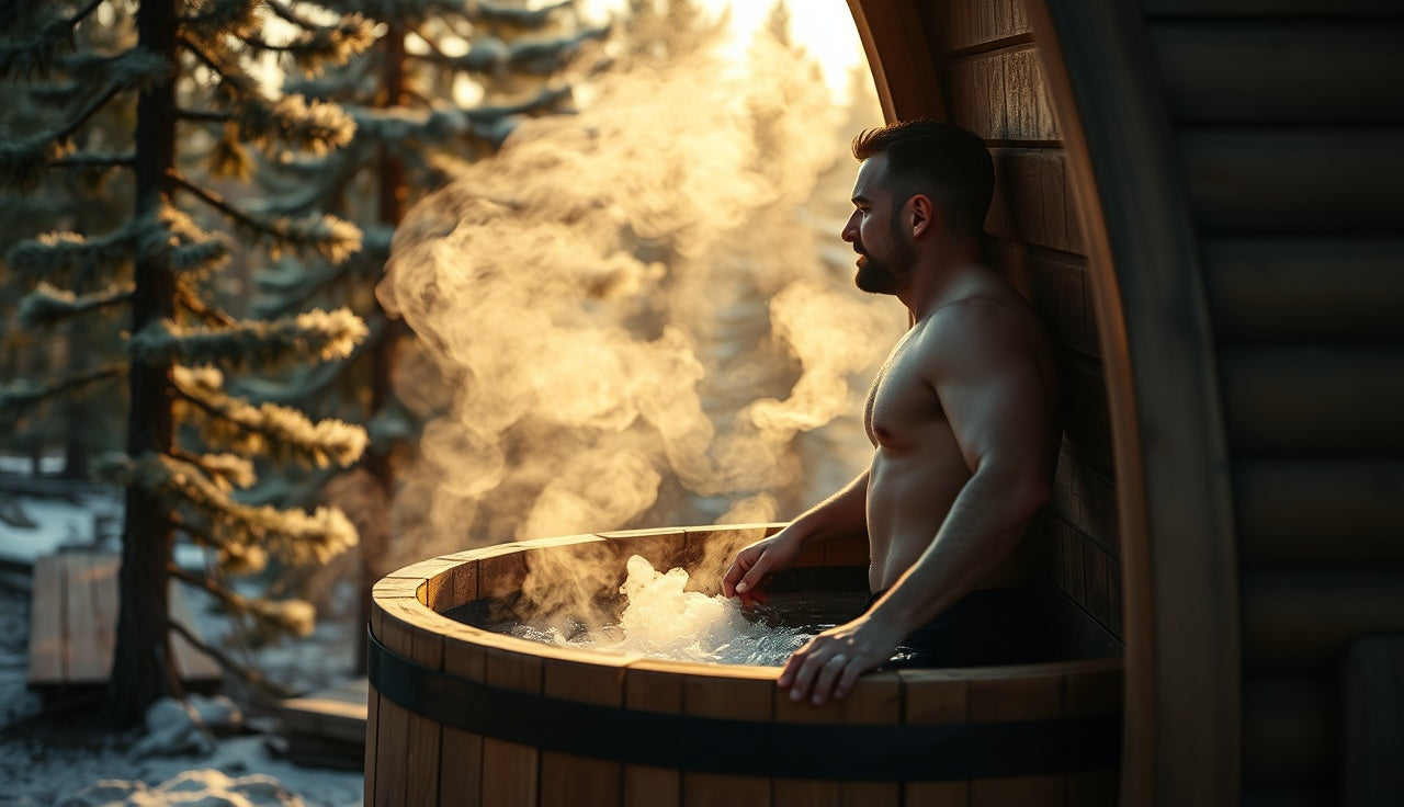 Man exiting a wooden barrel sauna in misty morning forest light