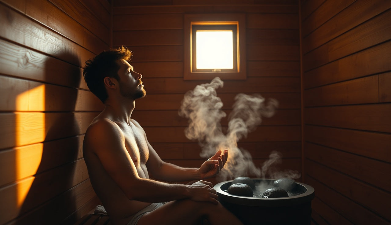 Man relaxing alone in a wooden Finnish sauna with steam rising from hot stones