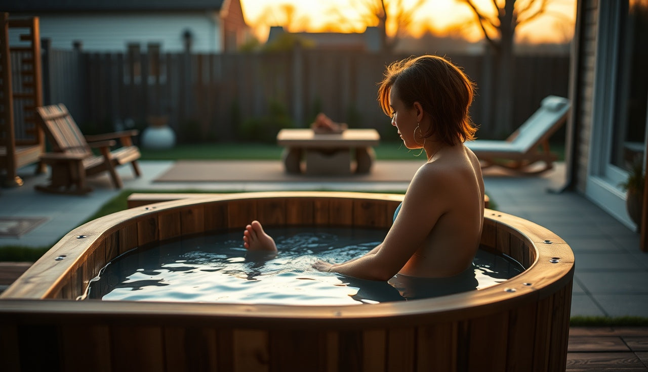 Person seated at edge of cold plunge tub outdoors at dawn before entering